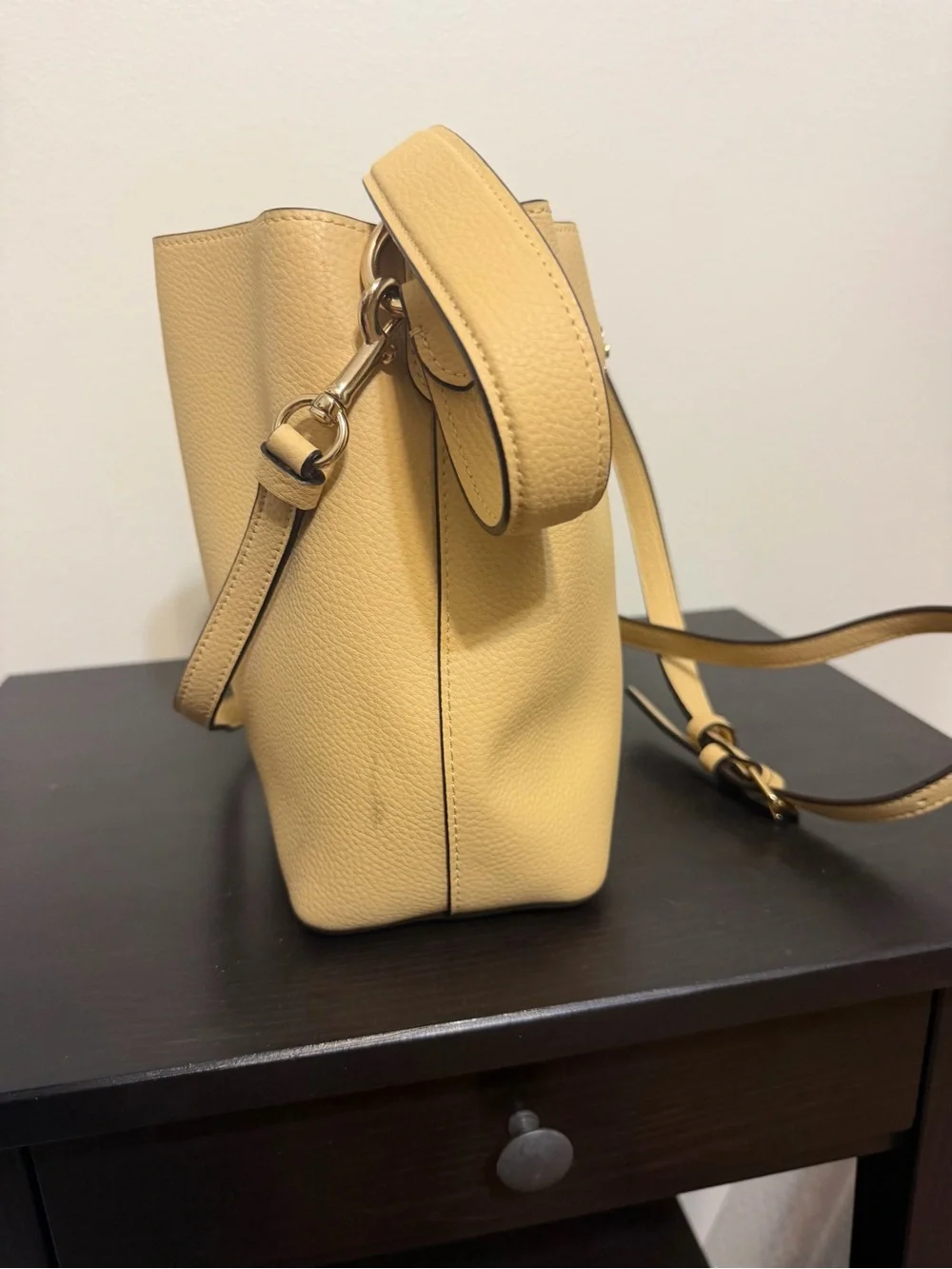 Coach Pebble Leather Crossbody Bucket Bag in Mustard Yellow